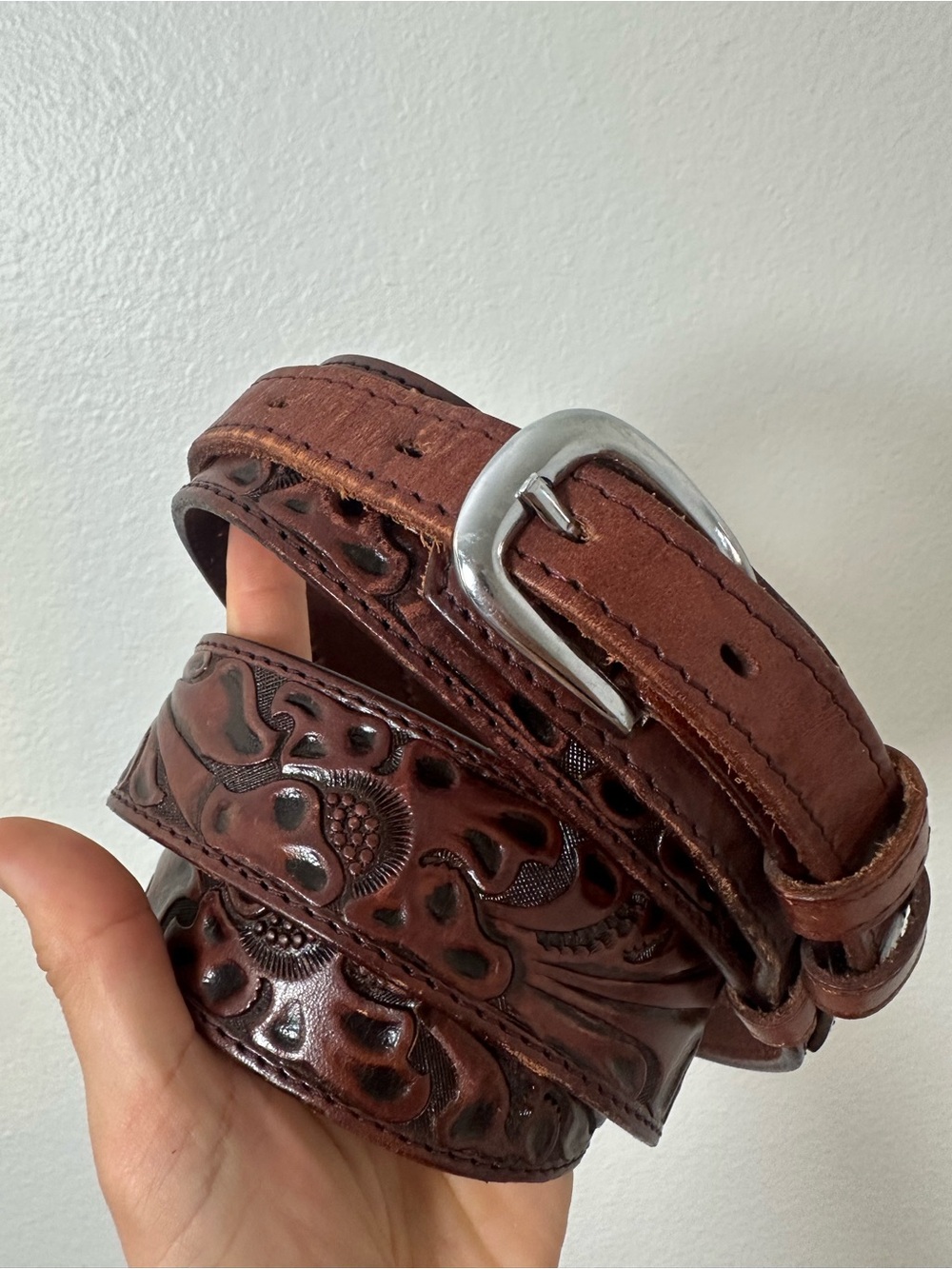 Dark Brown Tooled Leather Western Belt with Silver Buckle Size 44 or Womens XL